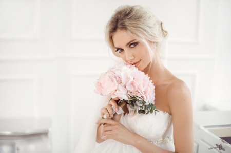 Beauty - white, woman, girl, pink, bouquet, bride, model, blonde