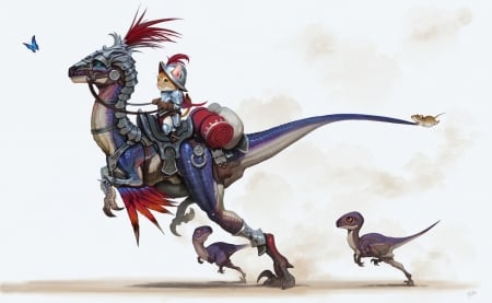 Kitten riding a dinosaur - daejun park, cat, funny, fantasy, armor, kitten, dinosaur, luminos, rider