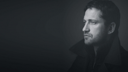 Gerard Butler - black, actor, white, profile, bw, man, Gerard Butler