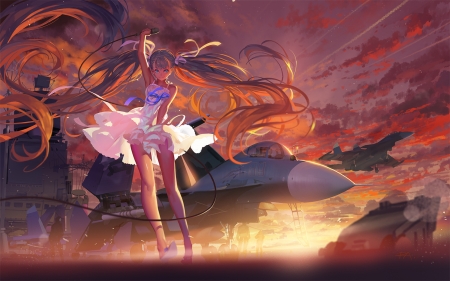 Hatsune Miku - airplane, anime, vocaloid, blue, alphonse, girl, hatsune miku, orange, manga, wind, luminos