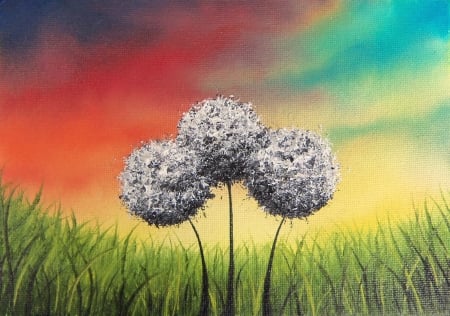 Dandelions - sky, summer, sunset, painting, white, trio, rachel bingaman, dandelion, luminos, orange, pictura, green, grass