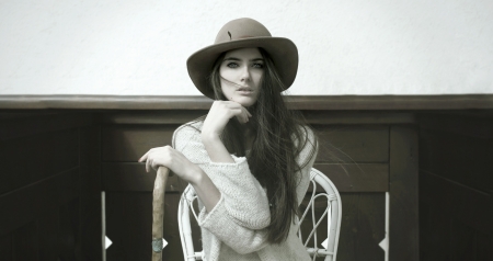 Beauty - hat, black, white, woman, model, girl, bw