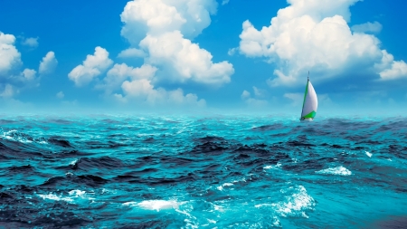 Windy day - water, summer, blue, boat, sea, wind, white, cloud, sky