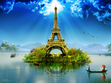 Romantic fantasy - mrm, couple, eiffel tower, water, summer, paris, valentine, fantasy, creative, romantic, blue, umbrella, boat