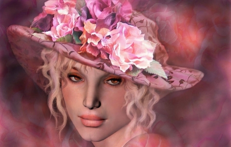 Lady Flowers On The Hat - models, people, female, flowers, hatss