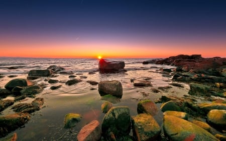 Green Rock Beach Sunset - sunset, nature, beach, green, sea, ocean, rocks, sky