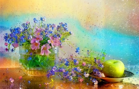 Still life - pretty, vase, delicate, beautiful, drops, lovely, bouquet, flowers, colorful, rain, fruit, apple