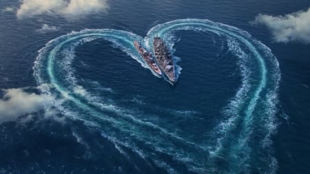 :-) - game, water, heart, view from the top, blue, ship, sea, fantast, valentine, world of warship, cloud