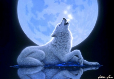 Silent Night - attractions in dreams, animals, night, summer, moons, wolf, love four seasons, blue, paintings