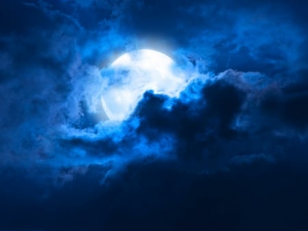 Full moon - moon, summer, blue, night, fantasy, white, cloud, full, sky, luna