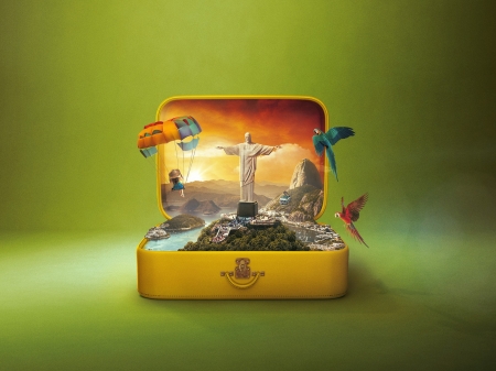 Wonders of Rio de Janeiro - rio de janeiro, summer, creative, fantasy, christ, brasil, yellow, suitcase, green