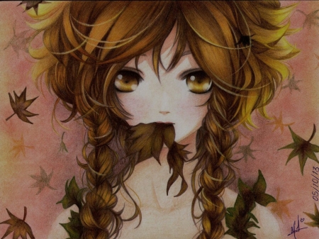 Autumn Beauty - Leaves, Brown, Eyes, Lovely Anime