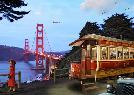 Cable Car Diner - american, car, cable, bridge, plane, diner, golden gate, vintage