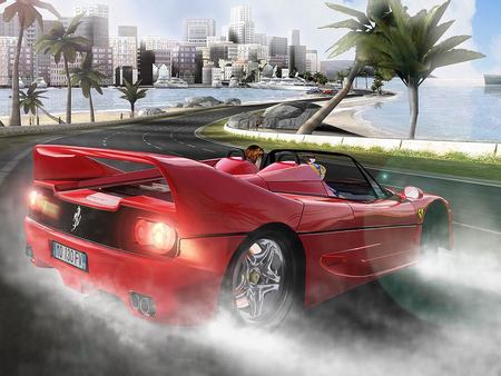 skidding car - skidding, coast, palm trees, car game, city, outrun