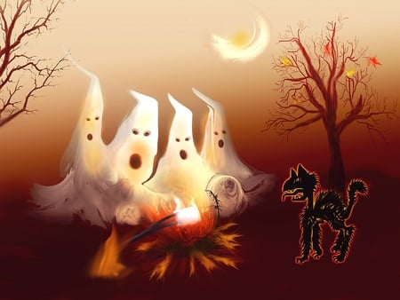 Warm Spookes (Halloween) - moon, ghost, fire, halloween, night, ghosts, tree, cat