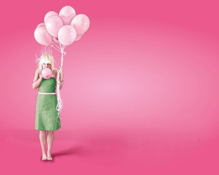 Girl Creepy - green, balloons, pink, inflate, hair