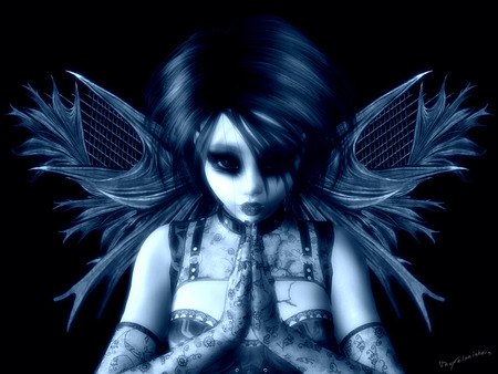 Dark Angel - dark, angel, blue, wings, praying