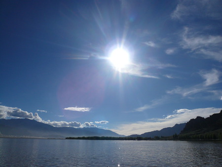 Yarlung Tsangpo River - water, tibet, rock, china, grass, forest, tree, cloud, sky