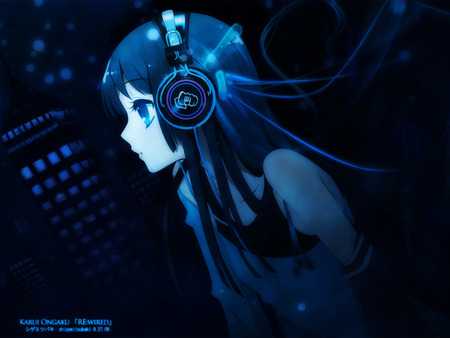 Rewired by Sound - music, anime, headphones, blue, girl