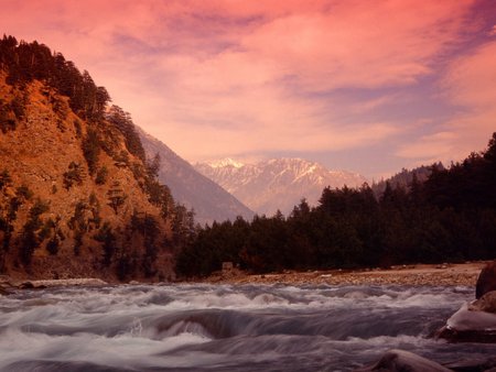 HIMALAYAN MOUNTAINS - dawn, river, himalaya, stream, mountain