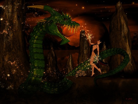 Soothing the Beast - woman, sci fi, magic, cg, 3d, serpent, dragon, science fiction, spell