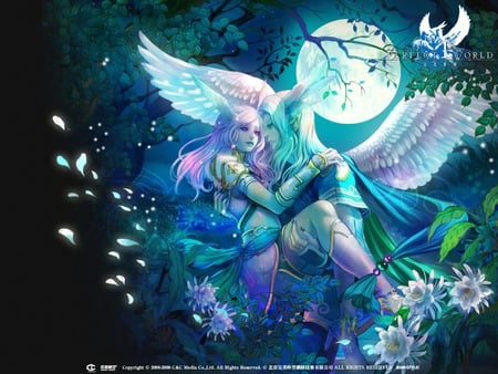 Perfect World  - women, lover, female, angel, magic, fantasy, game, romance, moon, love, elf, couple, girl, warrior, night, abstract, 3d, wing, flowers, 1280x1024, flower