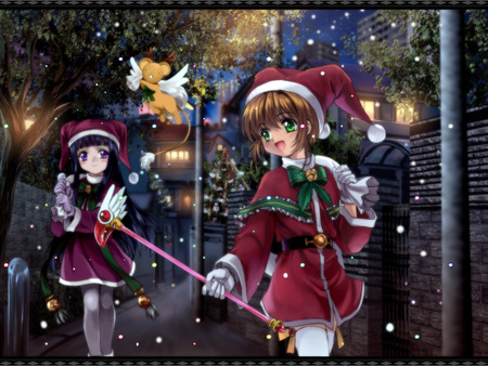 Card Captor Sakura - blushing, anime girl, winter, sakura, snow, tomoyo, christmas, smile, kero