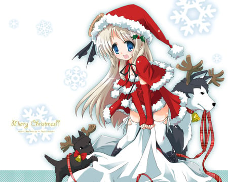 Noumi Kudryavka - little busters, blushing, snowflakes, anime girl, noumi, dog, santa outfit, smile, santa hat