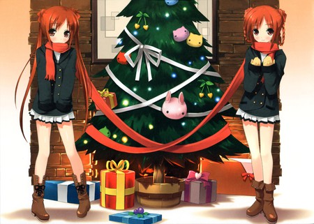 Sisters - christmas tree, school uniform, presents, blushing, anime girl, school girl, christmas