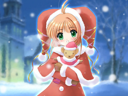 Sakura Kinomoto - christmas, blushing, smile, anime girl, sakura, snow, card captor sakura