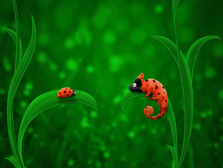 Ladybag and chameleon - ladybag, unique, weird, cool, creatures, mimic, bug, green, chamemelon, grass, night, funny, cg, nature, ladybug, bugs, collages, abstract, red, leaves, vladstudio, chameleon