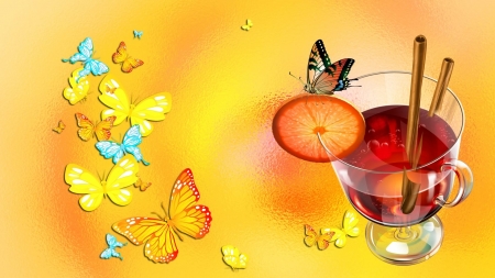 Cocktail - lemon, art, glass, cocktail, food, butterflies