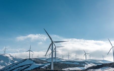 Wind Turbines - mountains, sky, wind turbines, clouds