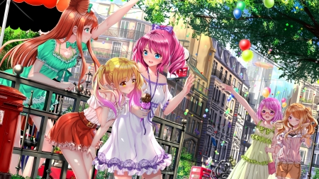 Our time ♪ - pretty, anime, kawaii, female, town, food, scene, dress, long hair, happy, ice cream, hd, nice, anime girl, skirt, beautiful, balloon, girl, city, sundress, scenic, beauty, lovely, friend, sweet, smile, cute, adorable, building