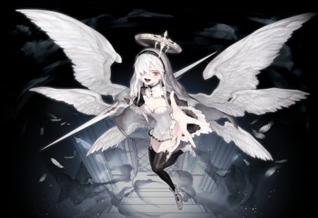 Angel - white, girl, angel, anime, wings, black, fantasy, manga