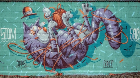 Graffiti - blue, orange, cat, fantasy, animal, paw, funny, graffiti, art, wall