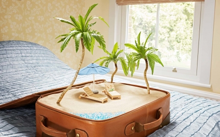 :-) - summer, vacation, beach, room, travel, creative, fantasy, bed, umbrella, funny, green, suitcase, palm tree