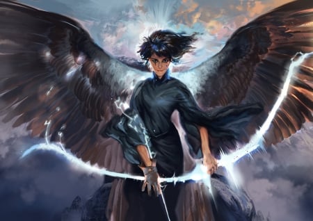 Angel - black, amelie hutt, fantasy, archer, wings, angel, eva, humans and gods