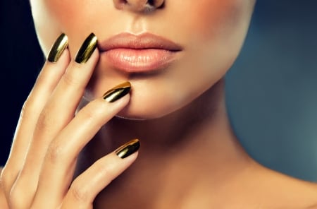 :-) - lips, hand, woman, nails, face, golden