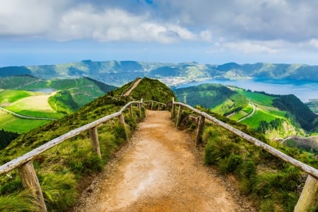 Walking path - sky, lake, landscape, mountain, azores, path, portugal, view, walk, beautiful