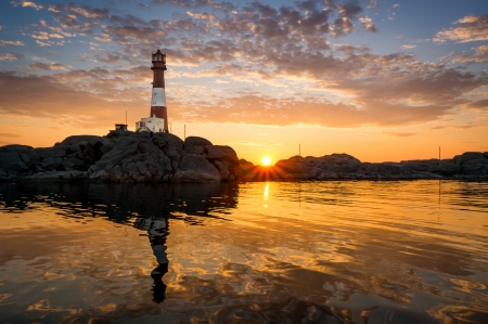 Eigeroy Lighthouse at Sunset - clouds, coast, sea, reflection, sky