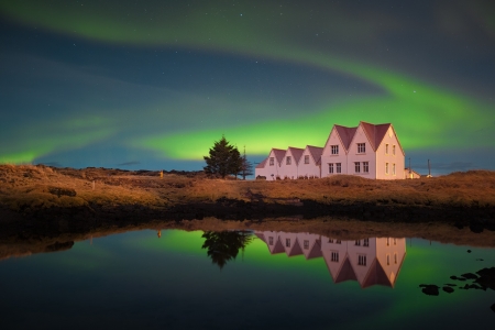 Northern Lights near Reykjavik, Iceland - sky, lake, reflection, water, colors