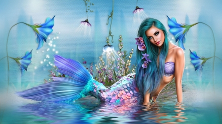 BLUE FOR VIVVY (LAMAMAKE) - TAIL, HAIR, FEMALE, REFLECTION, MERMAID, BLUE, FLOWERS