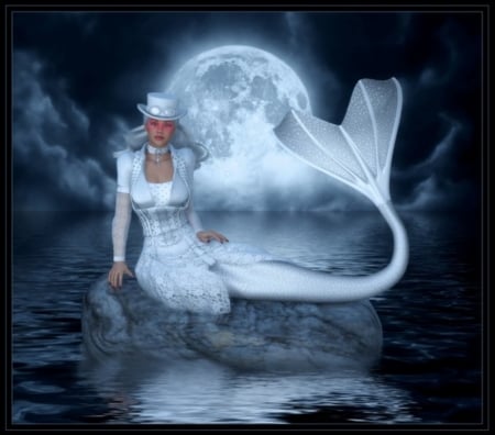 MOONLIT MERMAID - MOON, FEMALE, REFLECTION, MERMAID, OCEAN