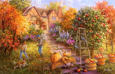 Gathering Fall - pumpkins, attractions in dreams, paintings, harvest, colors, fall season, farms, leaves, apples, nature, autumn, love four seasons, houses