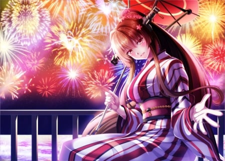 Fireworks - manga, anime, umbrella, parasol, girl, night, fireworks