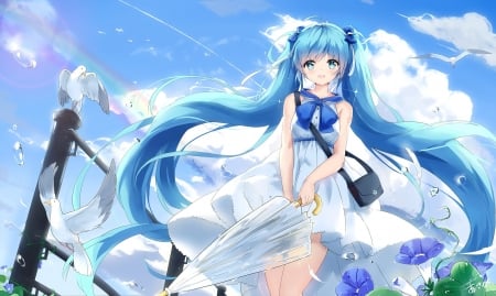 Hatsune Miku - anime, vocaloid, summer, blue, girl, hatsune miku, kyod, manga, wind