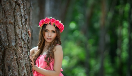 Beauty - woman, girl, pink, green, summer, wreath, model, flower