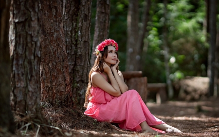 Beauty - wreath, summer, woman, model, girl, pink