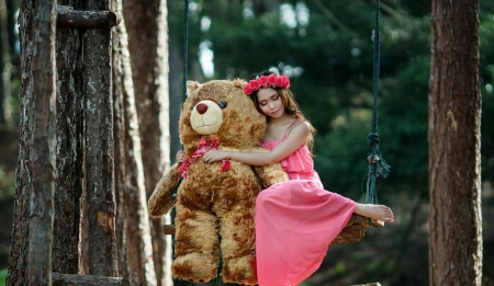 Beauty and the beast - woman, girl, pink, toy, summer, wreath, teddy bear, model